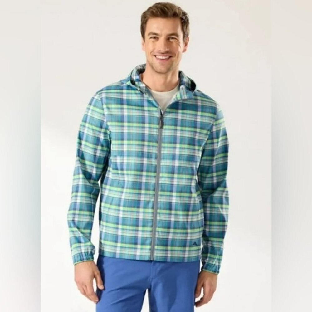 NWT TOMMY BAHAMA Breeze Point Plaid‎ Hoodie Full Zip Jacket Kohala Teal Size S